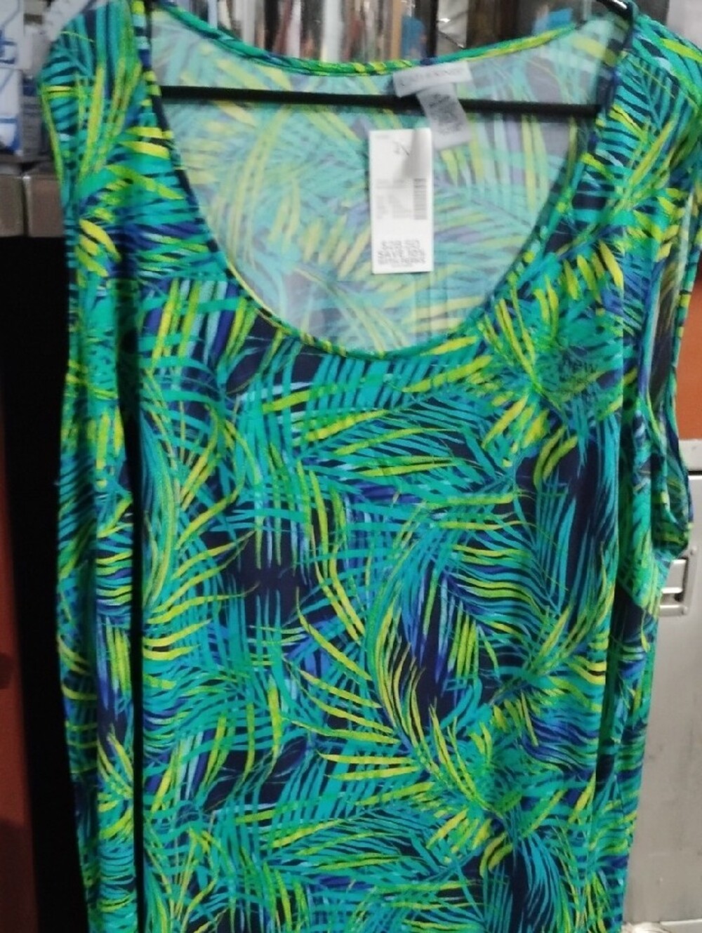 Catherines Blue and Green Palm Print Scoop Neck Top Sleeveless - Picture 5 of 5